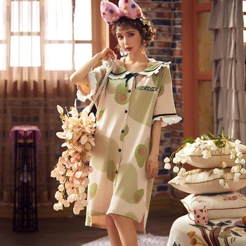 

Korea style cardigan women casual print nightdress pure cotton turn-down collar and short sleeves girl nightgown for summer