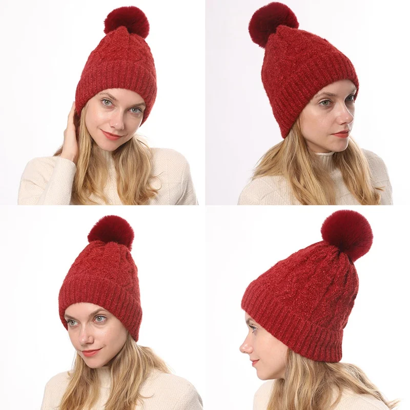 1 шт. дамы Skullies cap Осень Зима Мода Beanie бархат шениль вязание шляпа жаккардовый шарик теплая шерсть рождественские подарки подруге