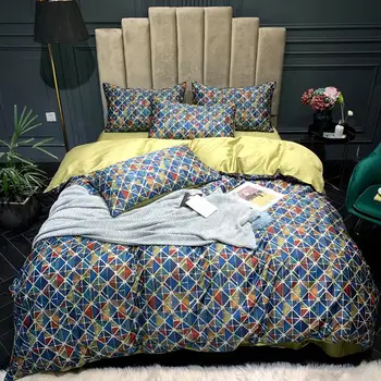 

50 Cotton Printed Luxury Oriental Bedding set King Queen size Bed set Plaid style Duvet cover Bedsheet parrure de lit