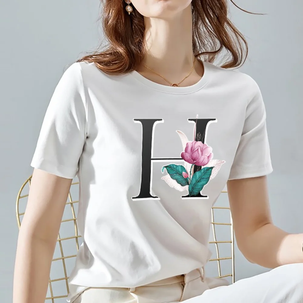 

Summer Women's Fashion White T-shirt Funny Basic Wild 26 Flower Letter Series A To Z Letter Printing T-shirt H Flower Letter