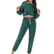 Женский комплект 2 шт., толстовки, штаны, комплект одежды для женщин, длинный рукав, с капюшоном, в полоску, с принтом, Короткая Толстовка, длинные брюки, брюки, костюмы#3