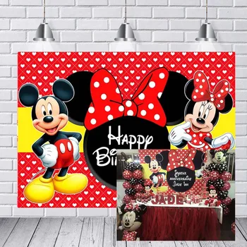

Photography Background Cute Red Mickey Minnie Mouse Cartoon Avatar Bow Background Baby 1st Birthday Party Photo Studio Custom