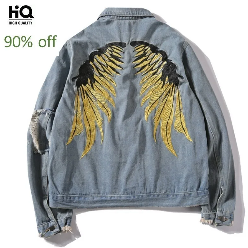 

Fashion Frayed Tassel Hip Hop Jeans Coats Men Gold Wing Embroidered Denim Jacket Ripped Hole Cowboy Jackets Streetwear Male New