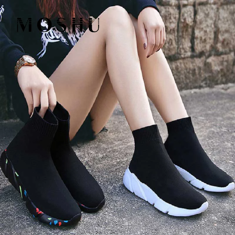 Fashion Sneakers Women Socks Shoes Knit Vulcanized Shoes Female Trainers Women Slip-on Stretch Platform Shoes Black Sneaker