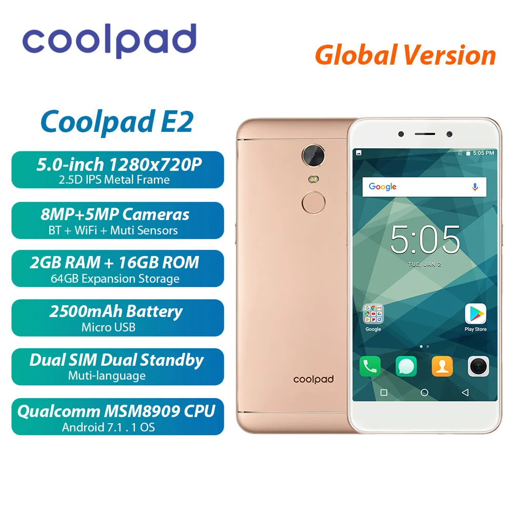 Мобильный телефон Coolpad E2 4G с глобальной версией, 5,0 дюймов, 2 Гб+ 16 ГБ, 8 Мп+ 5 МП, Android 7.1.1, 2500 мАч, разблокированный смартфон с отпечатком пальца