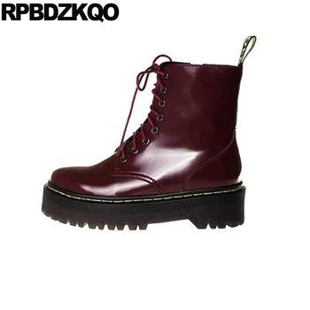 

military combat shoes patent leather flatform booties platform women ankle boots 2019 round toe retro wine red muffin japanese