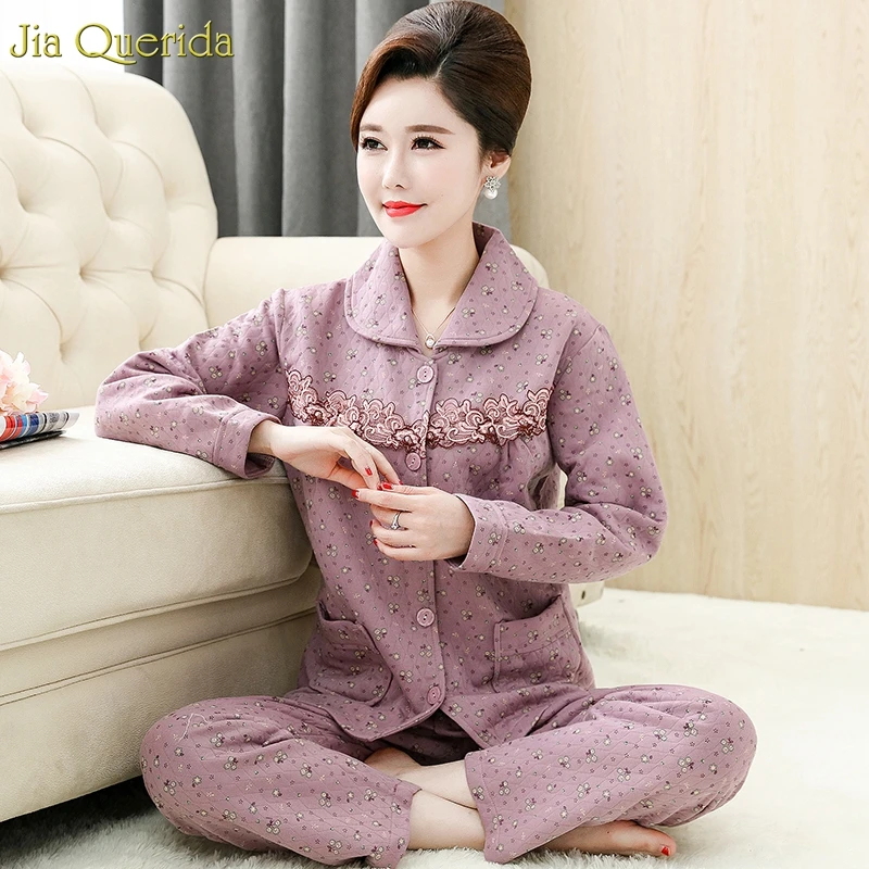 Pijamas Women Cotton Home Clothes Long Sleeves Trousers Women's Two Pieces Printing Lace Embroidery Front Elegant Pijama Mujer | Женская