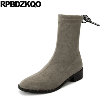 

grey gray short shoes designer chunky women ankle boots 2019 round toe black fall block low heel suede ladies autumn fashion new