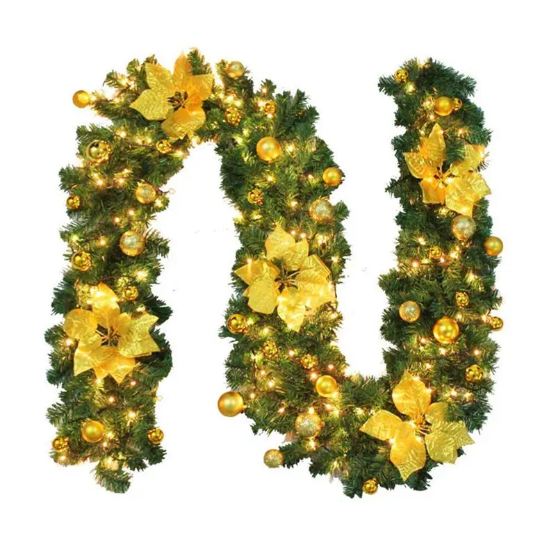 

New-2.7M Decorated Garland Illuminated with Lights Christmas Decoration Xmas Garland for Fireplace Stairs Gold Baubles Flowers X