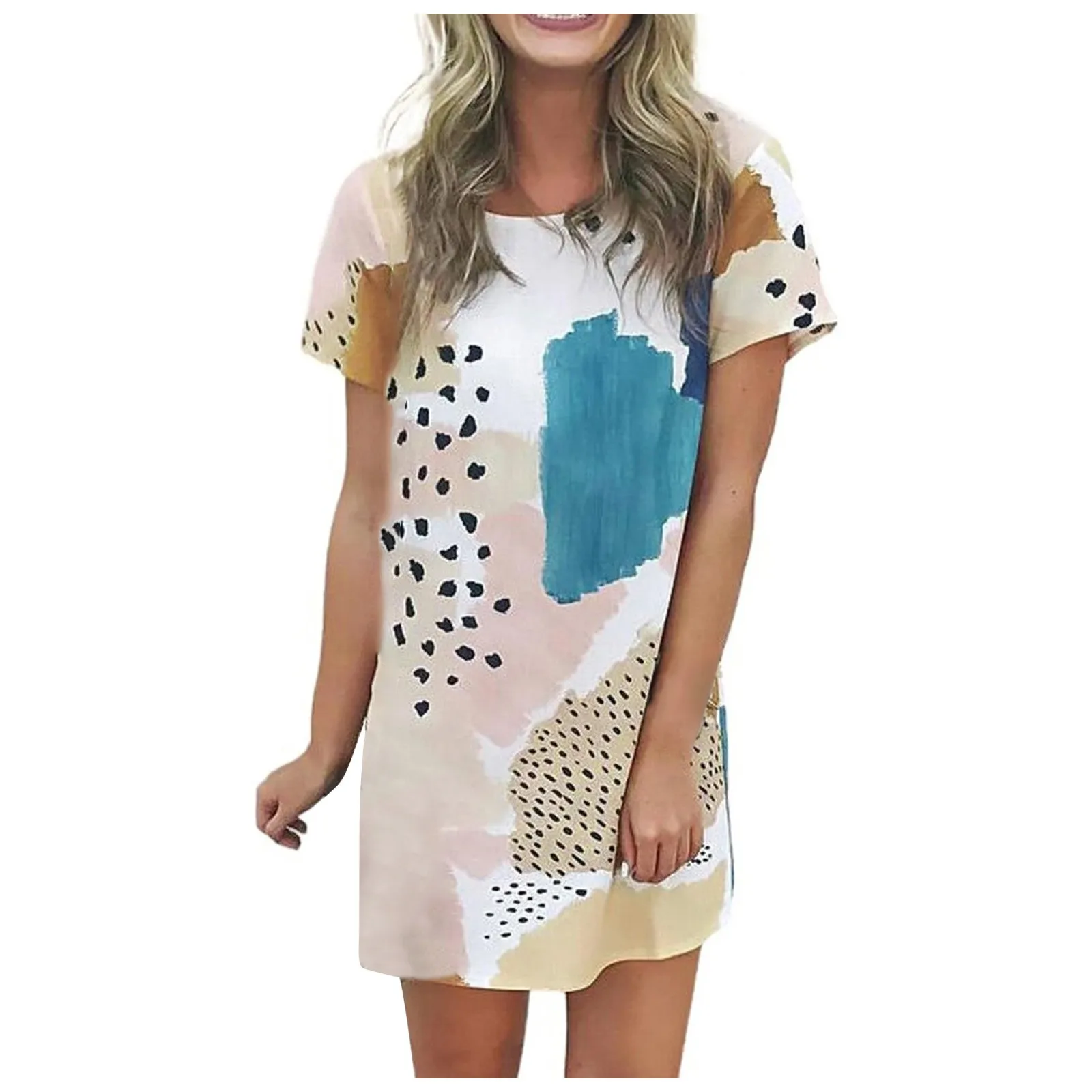 SAGACE Dress Women Fashion Casual Splicing Round Neck Color Contrast Short Sleeve Print temperament Платье Vestido De Mujer 2
