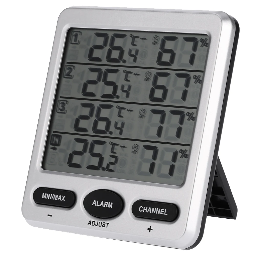 

Hot New LCD Digital Thermo-hygrometer with Three Remote Sensors Thermometer Hygrometer 433MHz Wireless 8-Channel Indoor/Outdoor