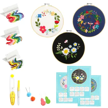 

3 Sets Embroidery Starter Cross Stitch Kit with 3pcs Letter and Floral Pattern,Bamboo Embroidery Hoops, Color Threads Tools Kit
