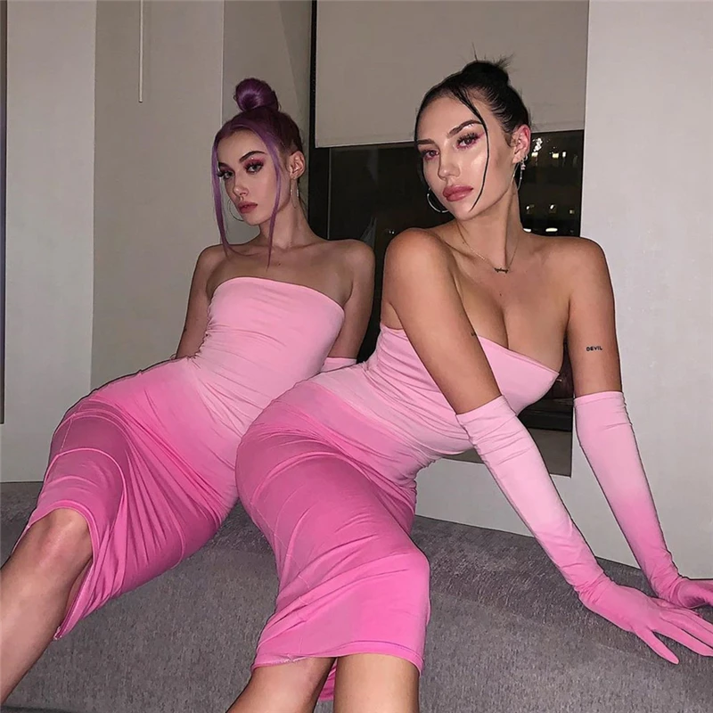 Ahagaga женские розовые платья без бретелек Bodycon с перчатками мода осень 2019 платье