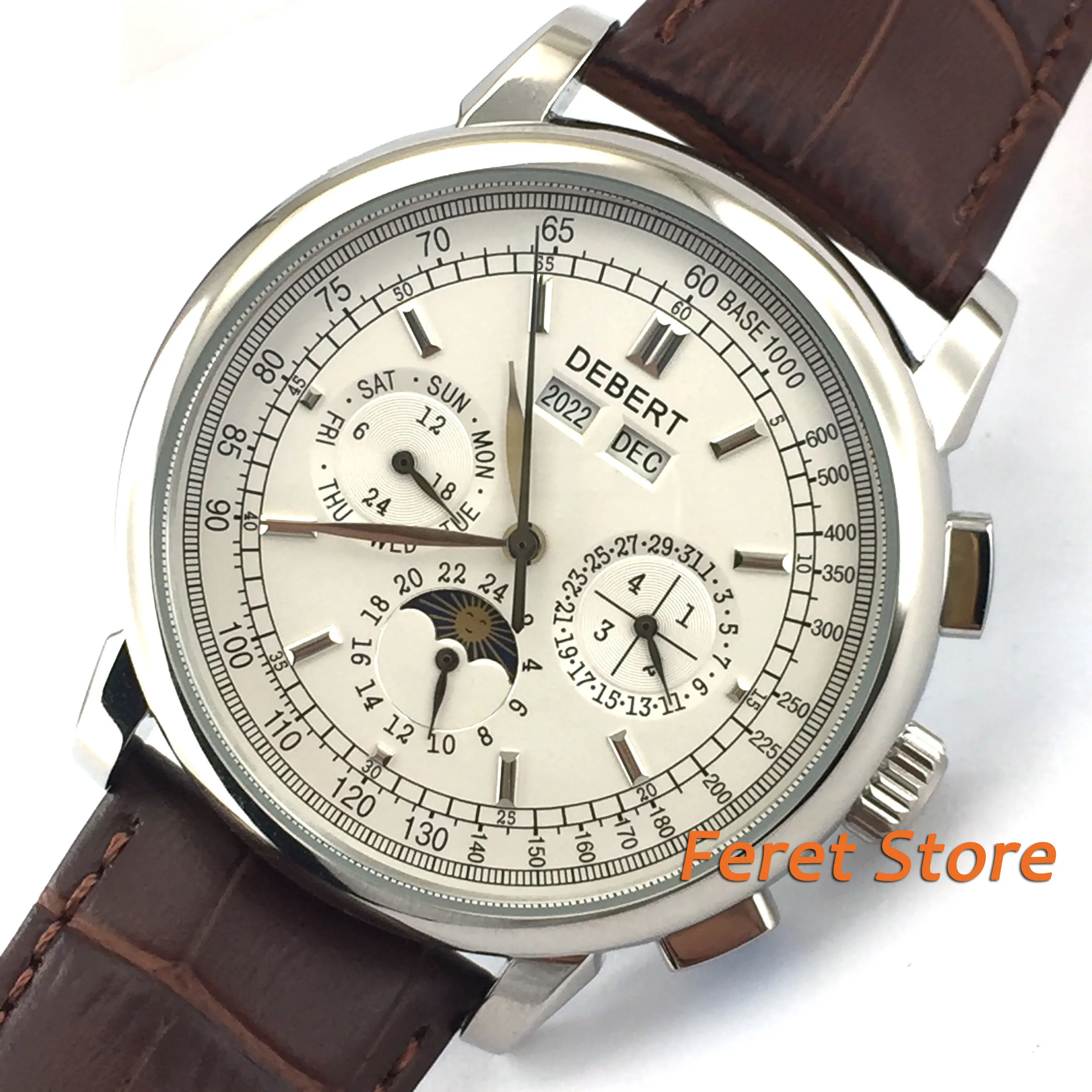 

42mm men's watch Multifunction Moon phase display silver hand date week display leather strap Automatic wrist watch men d-4