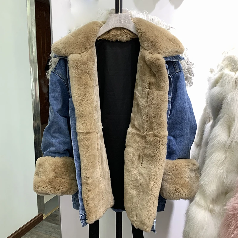 Rf1955 Настоящий мех кролика Модная Джинсовая куртка Подкладка Съемный длинный рукав негабаритный натуральный мех пальто женские джинсы - Цвет: Хаки