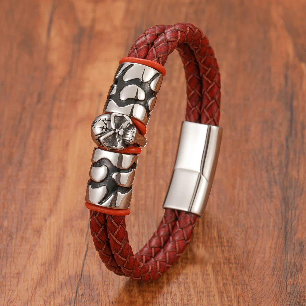 Fashion Men's Horror Skull Double Woven Genuine Leather Bracelet Stainless Steel Magnetic Clasp Jewelry Gift - Image 6
