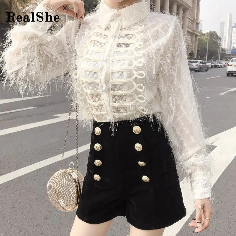 apricot blouse RealShe блузка с длинным рукавом, женская блузка с отложным воротником, с кисточками и вышивкой, одноцветные Женские топы и блузки, элегантная женская рубашка - Цвет: apricot blouse