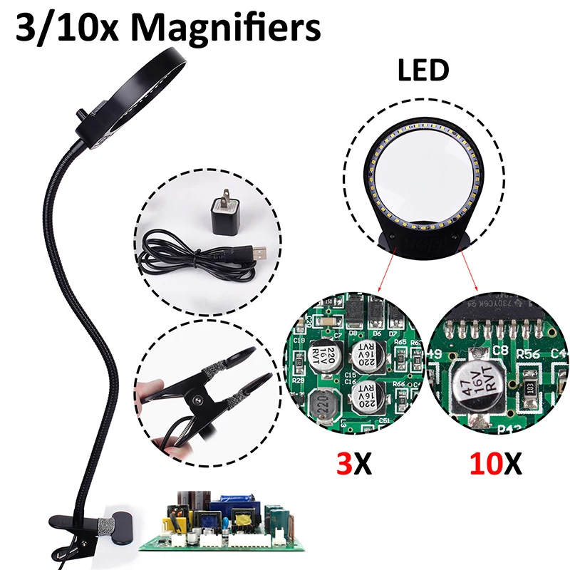 Magnifying glass with led light 3/10x clip table magnifier for soldering magnifying lens desk magnifier lamp glasses magnifier