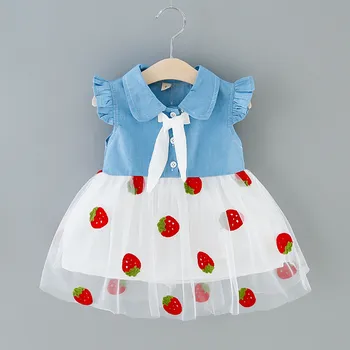

Girls Dress 2020 summer Toddler Baby Girls Bowknot Denim Splice Strawberry Print Tulle Princess Dress