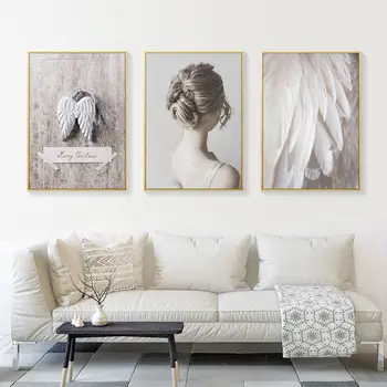 

Nordic Modern Style White Angel Wings Feather Canvas Painting Figure Posters And Prints Wall Art Pictures For Living Room Decor