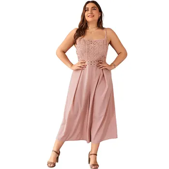 

Summer fashion women's solid color sling wide leg nine-point pants lace jumpsuit large size 1XL-4XL temperament casual clothing