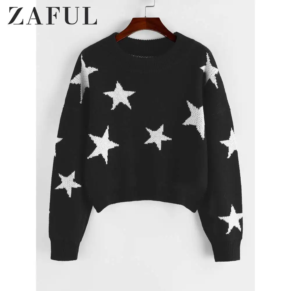 ZAFUL Star Drop Shoulder Jumper Sweater Women Autumn Pullover Tunic Crew Neck Long Sleeve Ladies Pullovers Hot Sale | Женская одежда