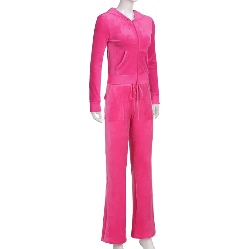 ALLNeon 2000s Aesthetics Pink Velour 2 Piece Sets with Pants Streetwear Zip Up Hoodie Drawstring Low Waist Pants Co-ord Suit