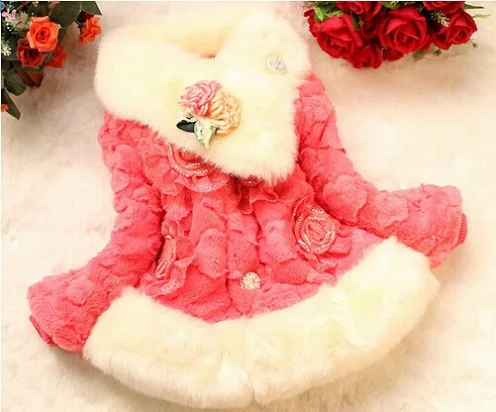 Fur Princess outerwear Jacket Pink Children's Faux Coat Winter Outerwear Thickening peony flower Pattern Girls |
