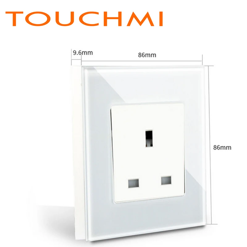 

TOUCHMI UK Standard 13A Wall Socket Crystal Glass Panel Power Outlet Socket AC 110-240 V 86*86mm