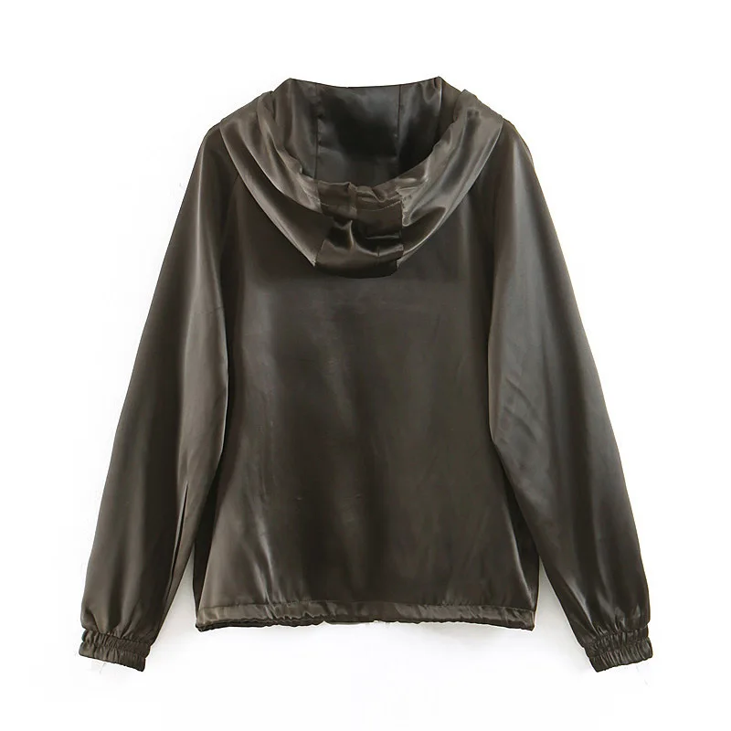 

37xb3-9218 Europe And America WOMEN'S Dress 19 Spring New Style Satin Textured Zipper Hooded Jacket Coat Women's