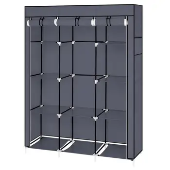 

Portable DIY Wardrobe 67Inch Non-woven Fold Closet Storage Cabinet Multifunction Dustproof Moistureproof Furniture Gray/Black