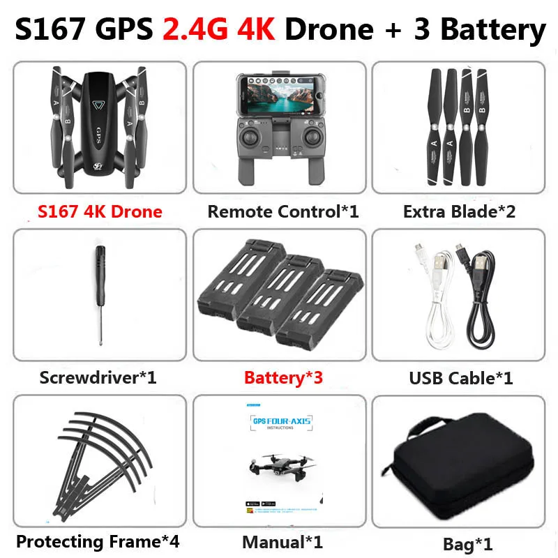 2.4G 4K 3B Bag S167 складной Профессиональный Дрон с камерой 4K HD селфи 5G gps WiFi FPV широкоугольный Радиоуправляемый квадрокоптер Вертолет игрушка E520S SG900-S - Цвет: 2.4G 4K 3B Bag