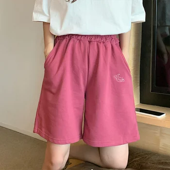 

Moon Embroidery Oversize Loose Shorts Women Solid Korean Casual Elastic Waist Chic Shorts Fashion Wild Simple Students Bottoms