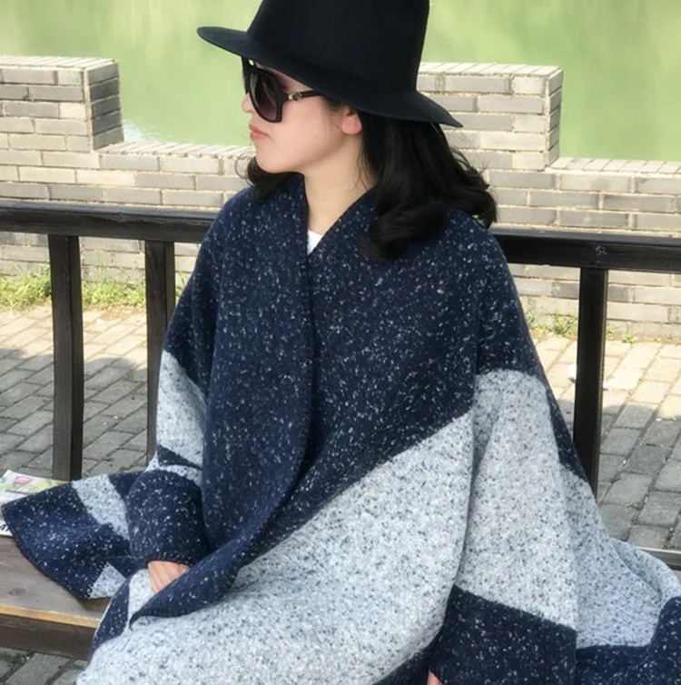 Europe and the United States autumn and winter new ring sand striped open fork shawl Tibetan blue plus thick cape scarf shawl - Цвет: Navy