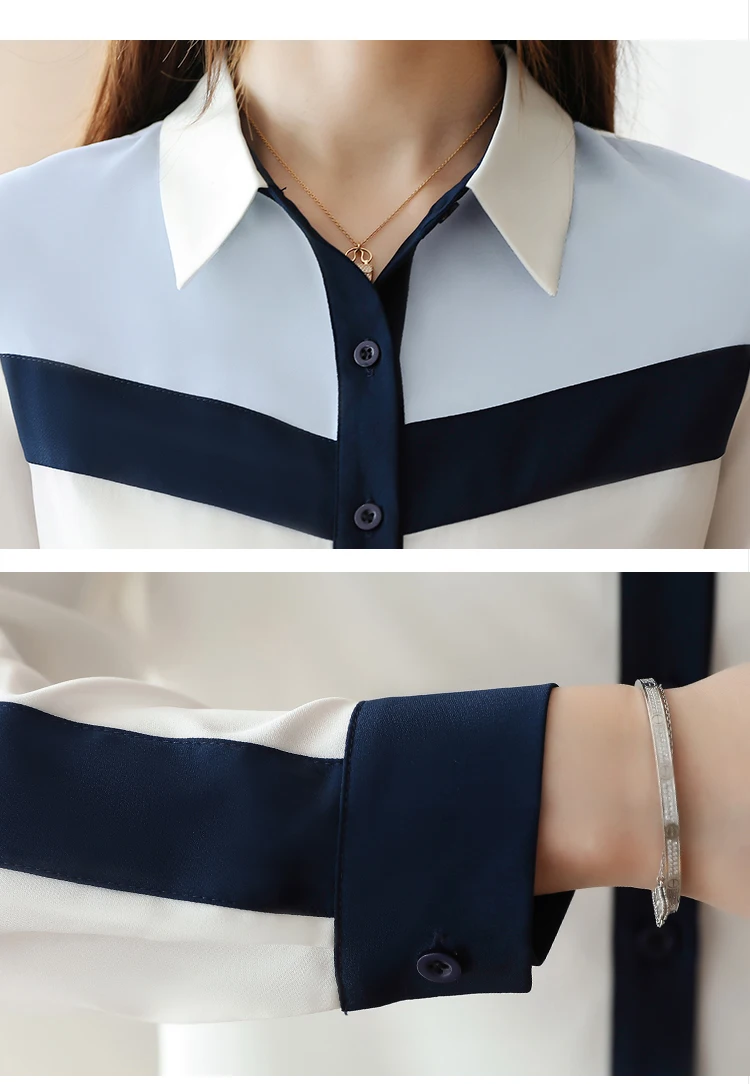 Autumn New Arrival Korean Hot Sale Turn-down Collar Color Block Long Sleeve Woman Chiffon Blouse