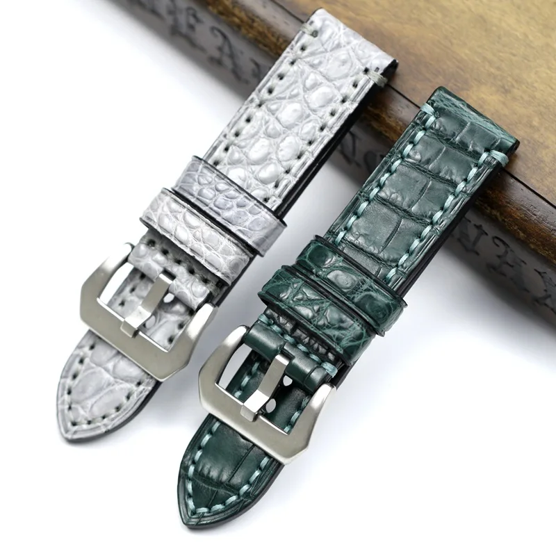 

PSTARY 24MM Vintage Green Gray Crocodile Leather Strap Suitable for Panerai Leather Belt Genuine Alligator Leather Strap