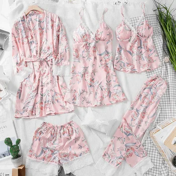 

Pink Spring M-XL Womens 5PC Strap Top Pants Suit Pajamas Sleepwear Sets Autumn Home Wear Nightwear Kimono Robe Bath Gown
