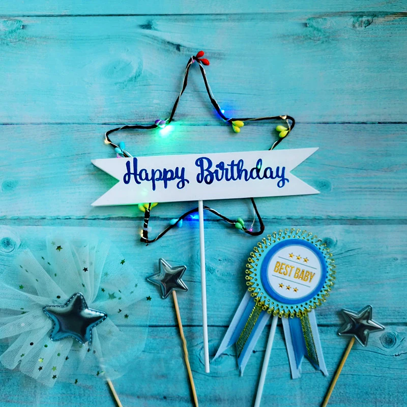 

New LED Happy Birthday Star Cake Toppers Birthday Decorations Sweet Love LED Cake Top Flags for Baby Shower Weddding Supplies