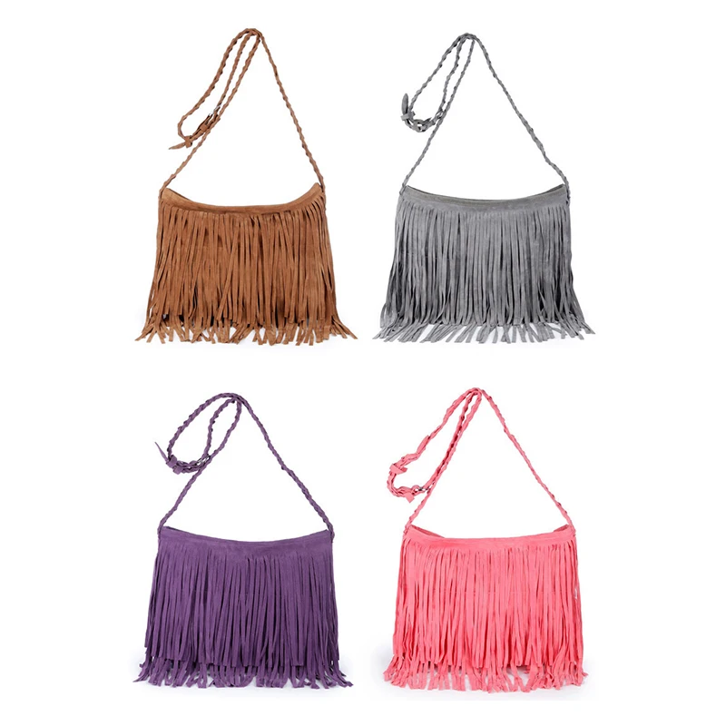 Leather handbag women handbags fringed leather shoulder bag with knitting strap soft ethnic style PU messenger tassels