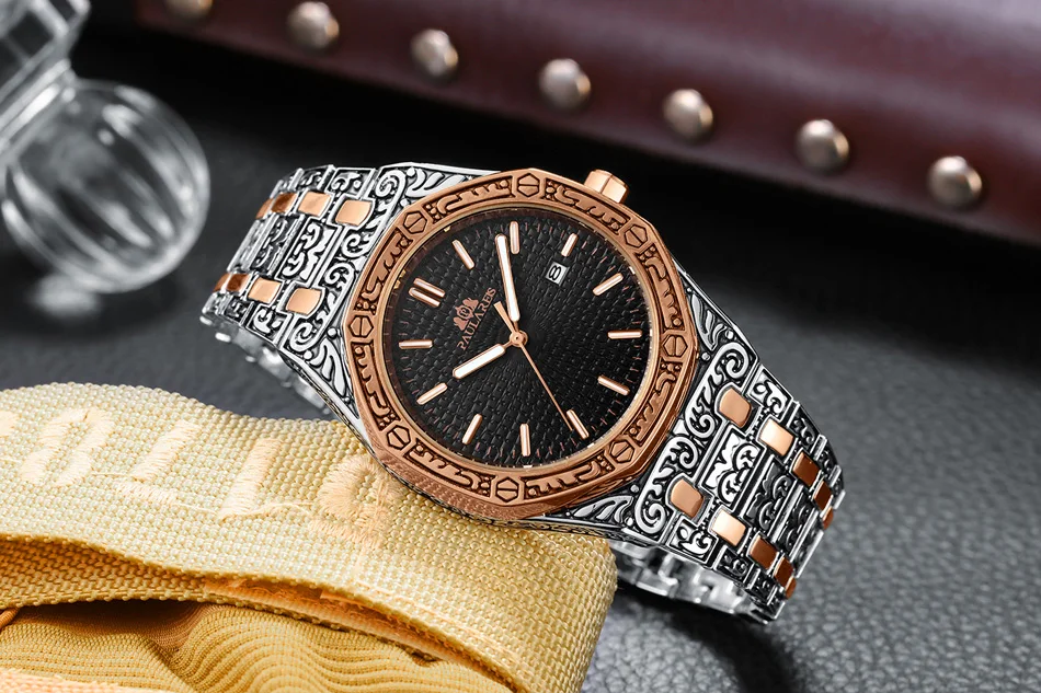 Lusso antico intagliato vintage luminoso oro rosa oro giallo argento 2 toni blu quarzo classico da uomo_voghion.com