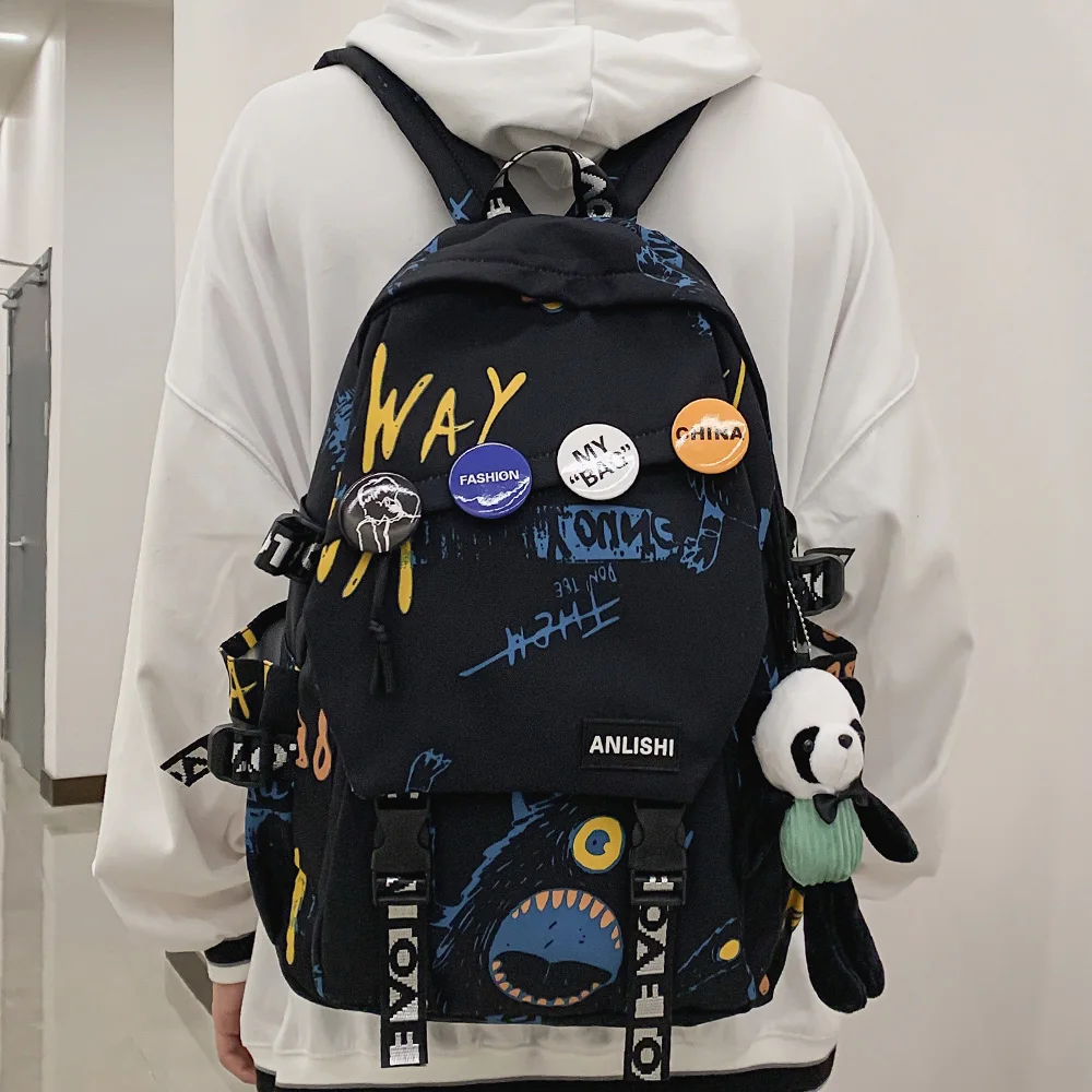 Cool Women Men Graffiti Pattern Trendy Backpack Lady Travel Badge Backpack Harajuku Bag Female Male College Girl Boy Student Bag travel backpack