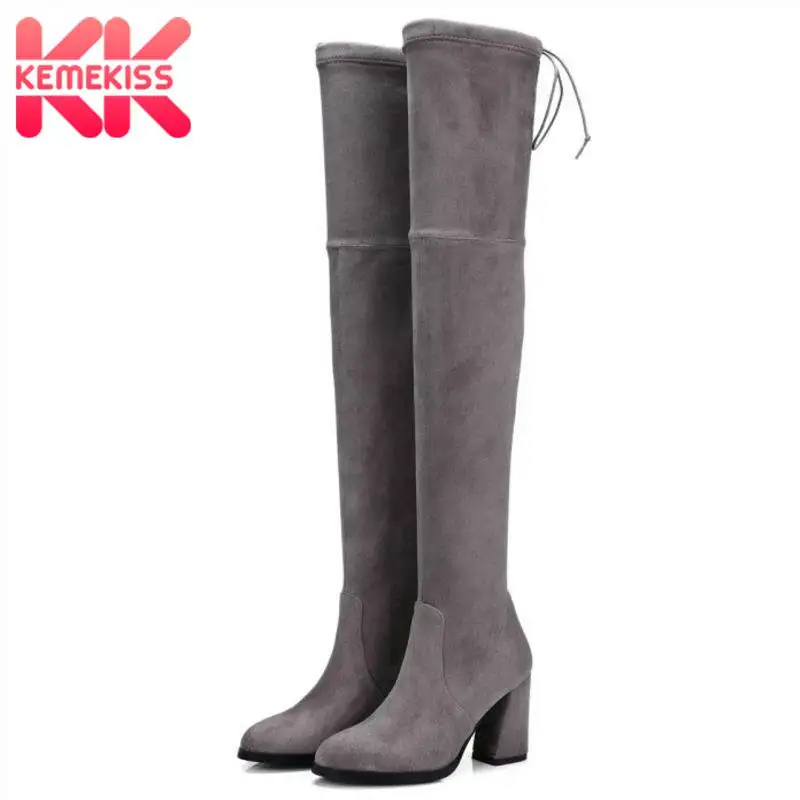 

KemeKiss Women Thigh High Boots Lace Up Casual Stretch Shoes Women Winter Keep Warm Square Heels Comfort Footwear Size 33-40