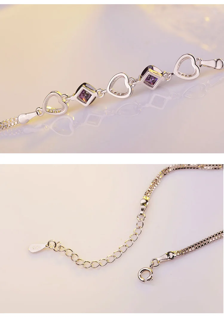 Heart Connected Charm Bracelets Women Fine Real Silver Double Bracelet 925 Sterling Silver Original Jewelry Purple Stone Zircon