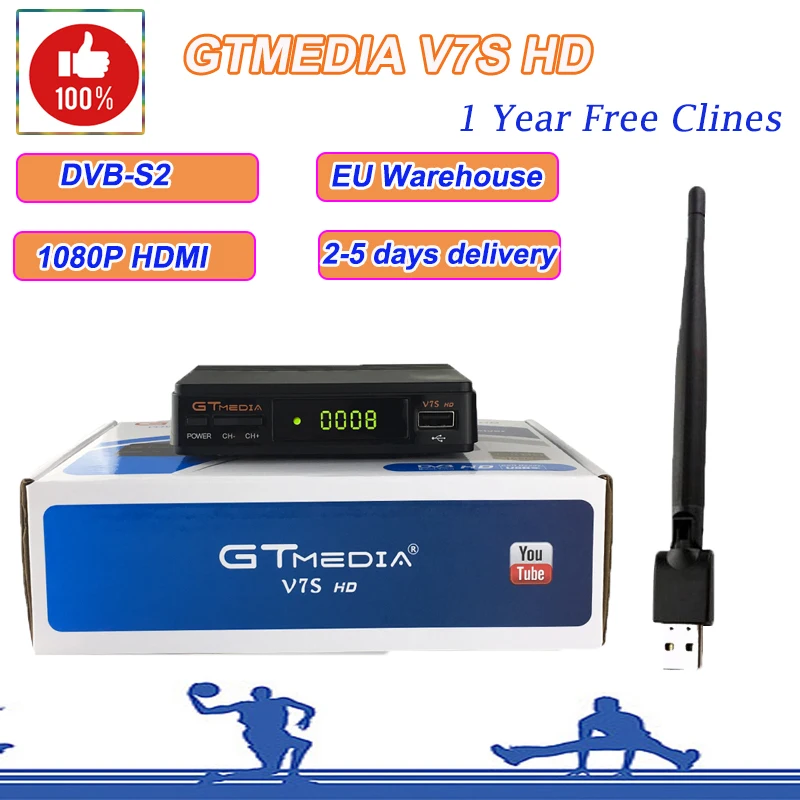 

Hot sale Freesat v7s HD built-in WIFI power DVB-S2 1080P+USB WIFI +1 year Europe cccam GTMEDIA V7S HD Gtmedia V9 Super Optional