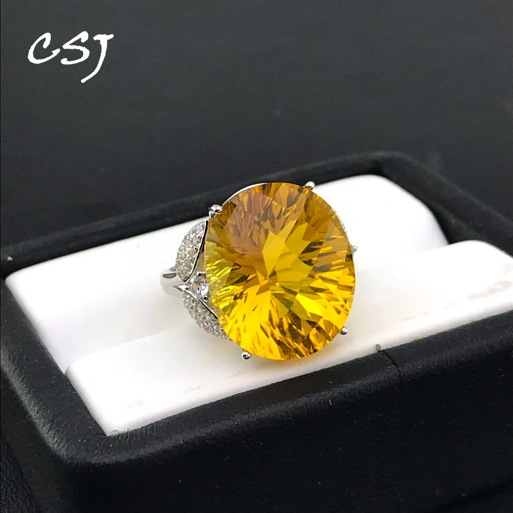 

CSJ big stone citrine ring sterling 925 silver concave oval cut 15*20mm gemstone rings fine jewelry for women girl gift box