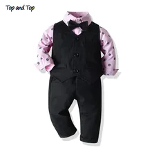 Топ и топ, комплект джентльменской одежды для мальчиков, рубашка с длинными рукавами и бантом+ жилет+ штаны, одежда для маленьких мальчиков на свадьбу