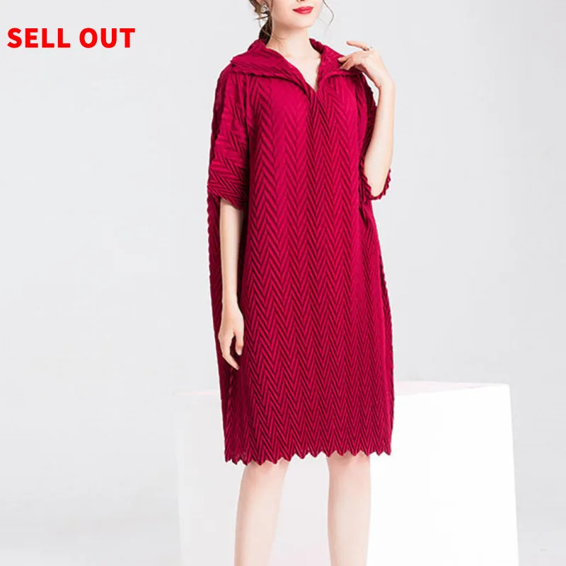 Fashion Tide Summer Fahion New Pleated Clothes For Women Turn Down Collar Large Size Loose Short Sleeve Dresses Female Pop YH315