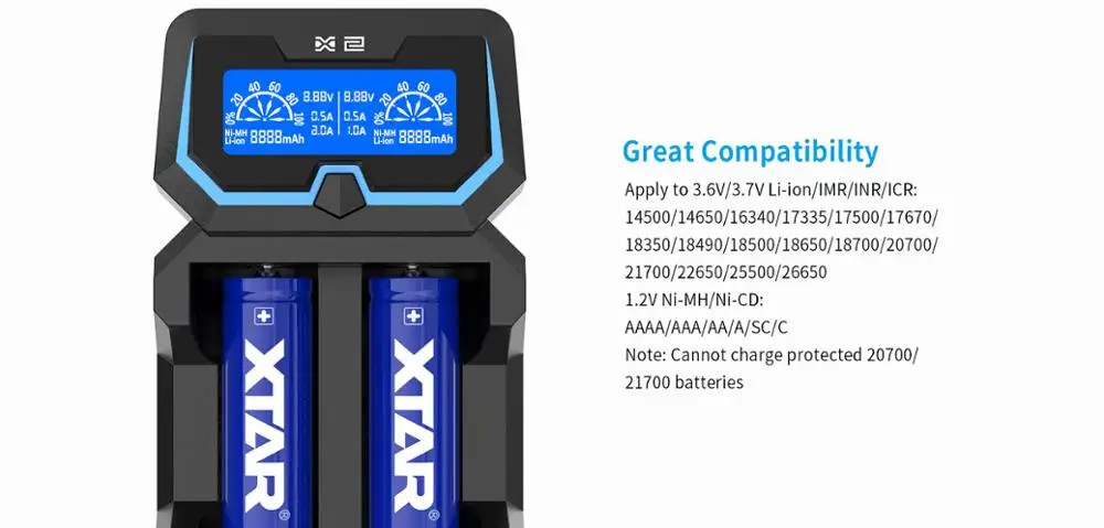 Зарядное устройство XTAR X2 с ЖК дисплеем быстрая зарядка два входных порта