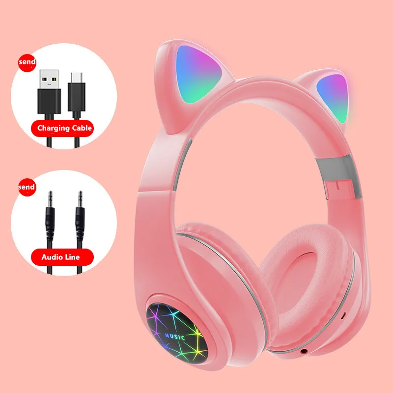 Cute Cat Bluetooth Wireless Headphone With Microphone Flashing light Noise Cancel Earphone Music Helmet Girl Kid Gift