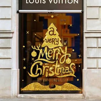 

1 Pcs Merry Christmas Tree Christmas New Year Shop Window Wall Sticker gold powder Christmas Decorations Party